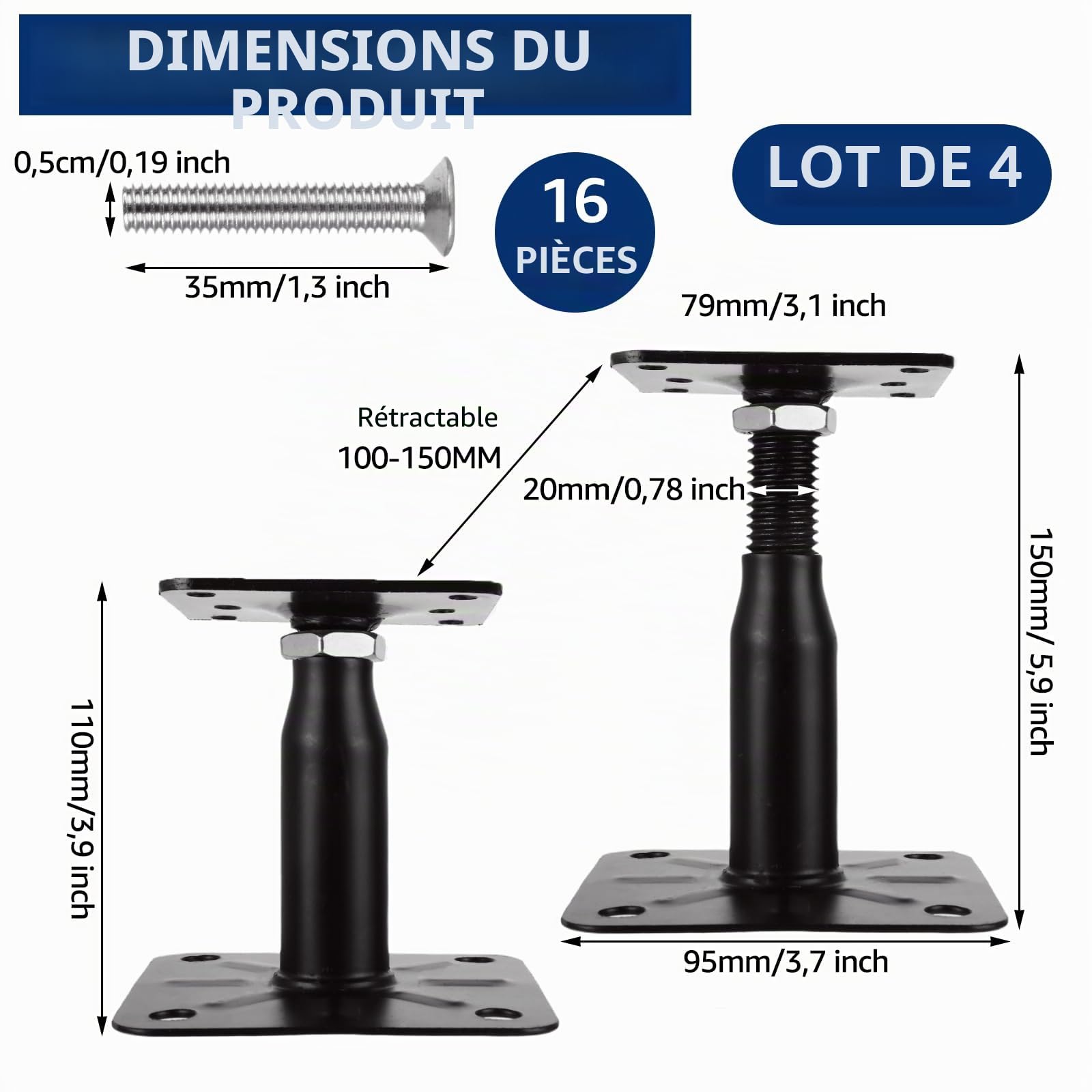 AKOLAFE Lot de 4 Pied de Poteau Reglable 100 à 150 MM Support de Poteau Reglable Support Poteau Bois Galvanisé avec Vis 75 x 95 mm Embase Pied de Poteau Vissé pour Terrasses, Abris, Gazebos