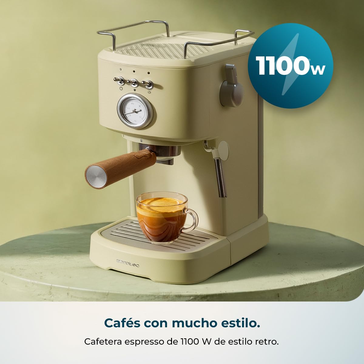 Cecotec Cafetera Espresso Power Espresso 20 Retro Green Elite. 1100 W, 20 Bares, Vaporizador Orientable, Brazo Portafiltros con Doble salida y 2 Filtros, 1,25 Litros