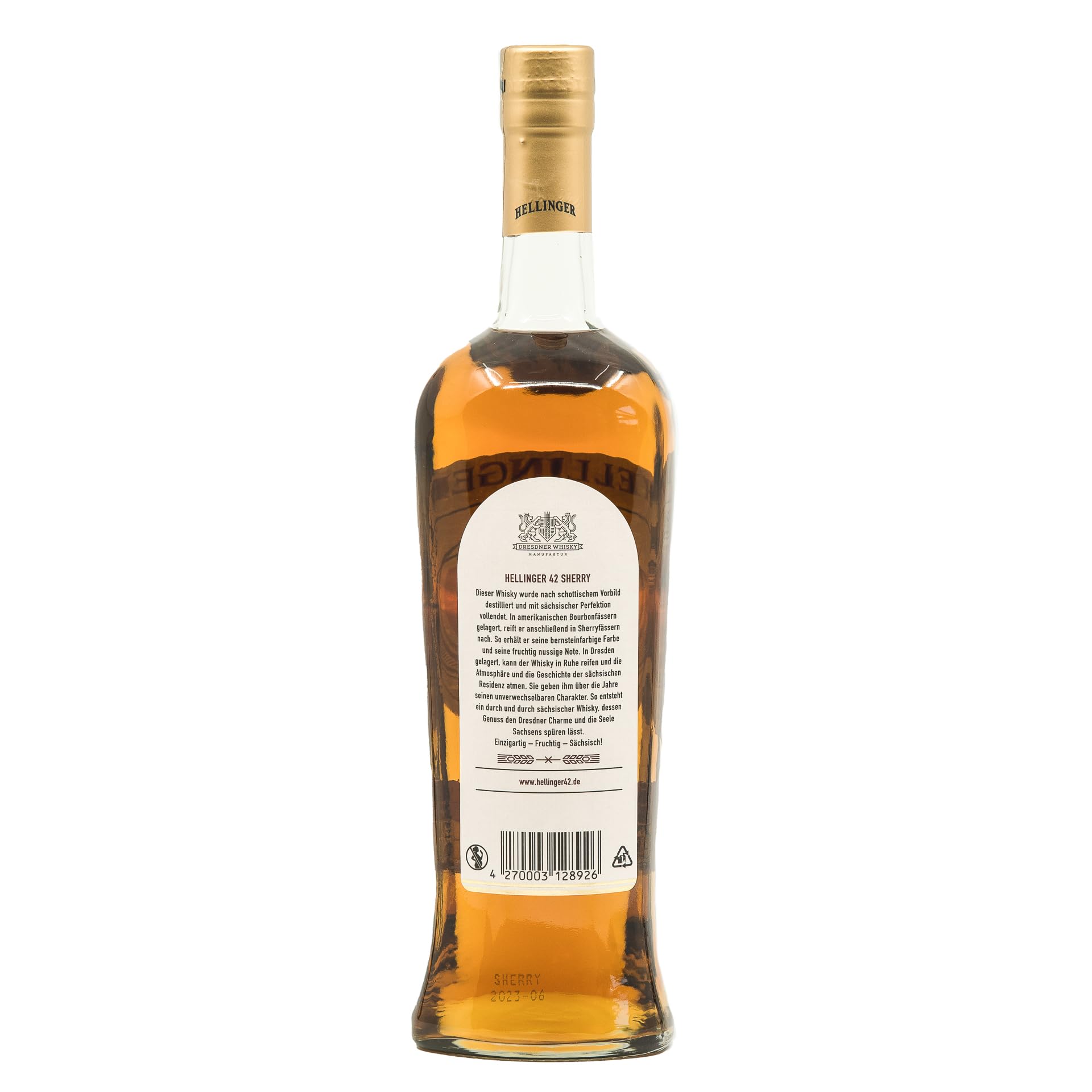 HELLINGER 42 Sherry - Sächsischer Single Malt Whisky - 46% Vol. Alkohol 700ml - Mit Noten von Vanille, Mandarine, Kaffee & Ingwer – Dresdner Whisky Manufaktur – Reifung im Bourbonfass & im Sherryfass