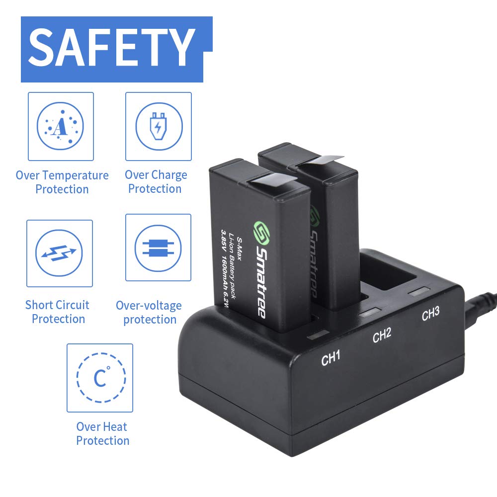 Smatree Lot de 2 Batteries avec Chargeur 3 canaux Compatible avec GoPro Hero Max