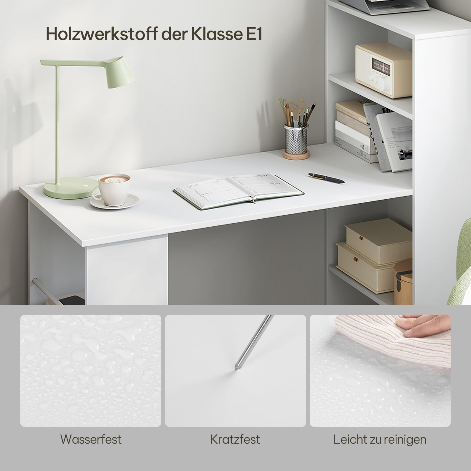 eSituro Schreibtisch mit Stauraum & Bücherregal, Computertisch Homeoffice, Weiß, 120x52x120 cm, Bürotisch fürs Arbeitszimmer Schlafzimmer | Offene Stauraum und Regale, Aktenordner-Halterung, für Homeoffice Schlafzimmer Wohnzimmer