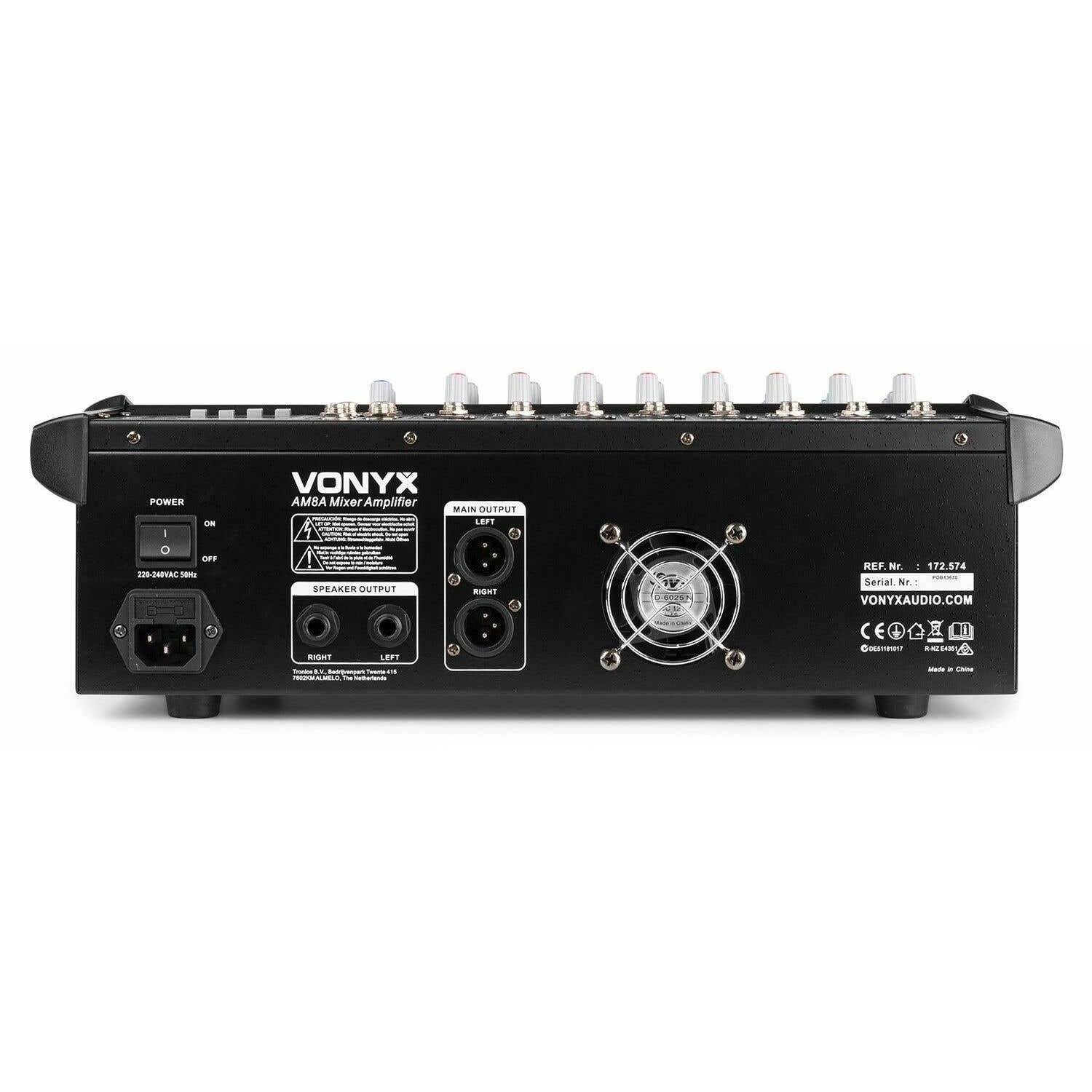 VONYX AM8A Mixer 8 Canali con Amplificatore da 1000 Watt Integrato, Bluetooth, MP3/USB/SD, 16 Effetti Digitali, Ingresso RCA, Audio Professionale, DJ, Discoteca