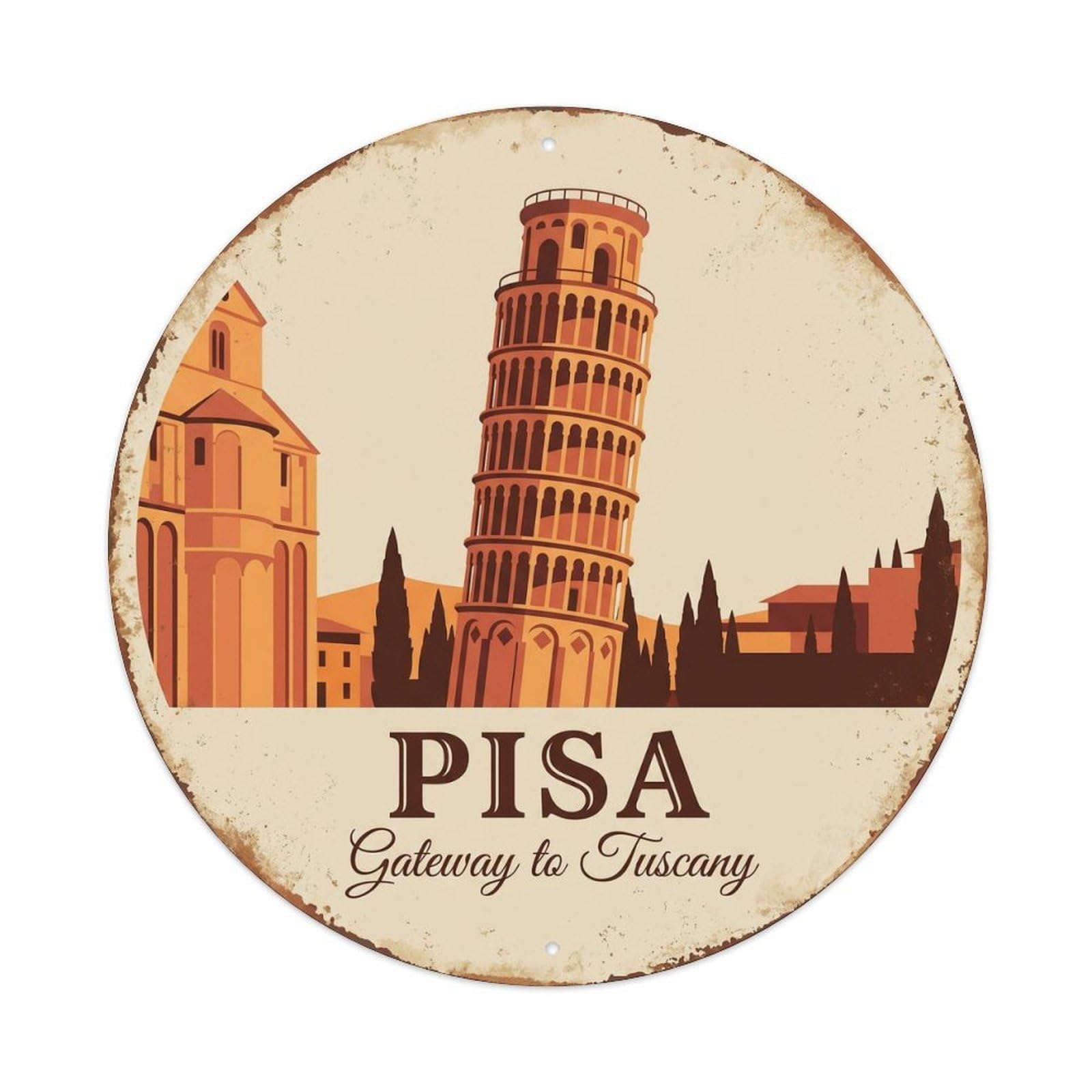 Fqcyn Style Vintage Travel Pisa Tower Italy Metal Tin Sign Plaque Wall Decor For Cafe, Club Bar, Office, Home Garden Round Metal Poster 8X8inch