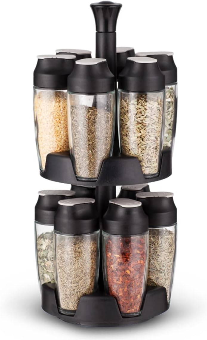 Rotating Spice Carousel by Coninx โ Includes Space-Saving Spice Rack + 12 Easy-to-Use Spice Jars with Convenient Flip-Top Closure โ Backed by a 3 YEAR REPLACEMENT WARRANTY