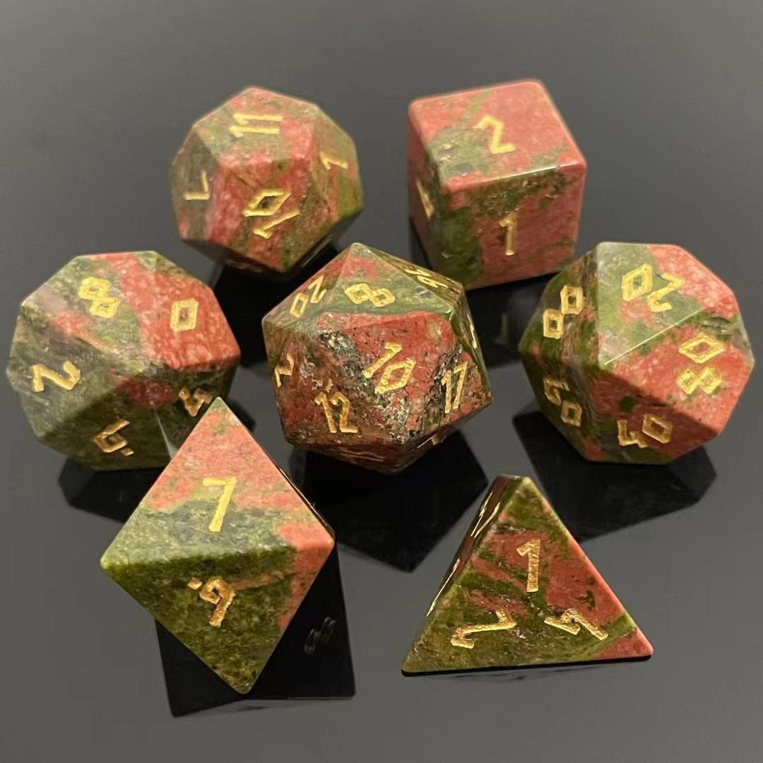Truewon Stone Dice, Set of 7 Handmade Gem Dices for RPG,DND Made by Natural Gemstones. (Unakite)