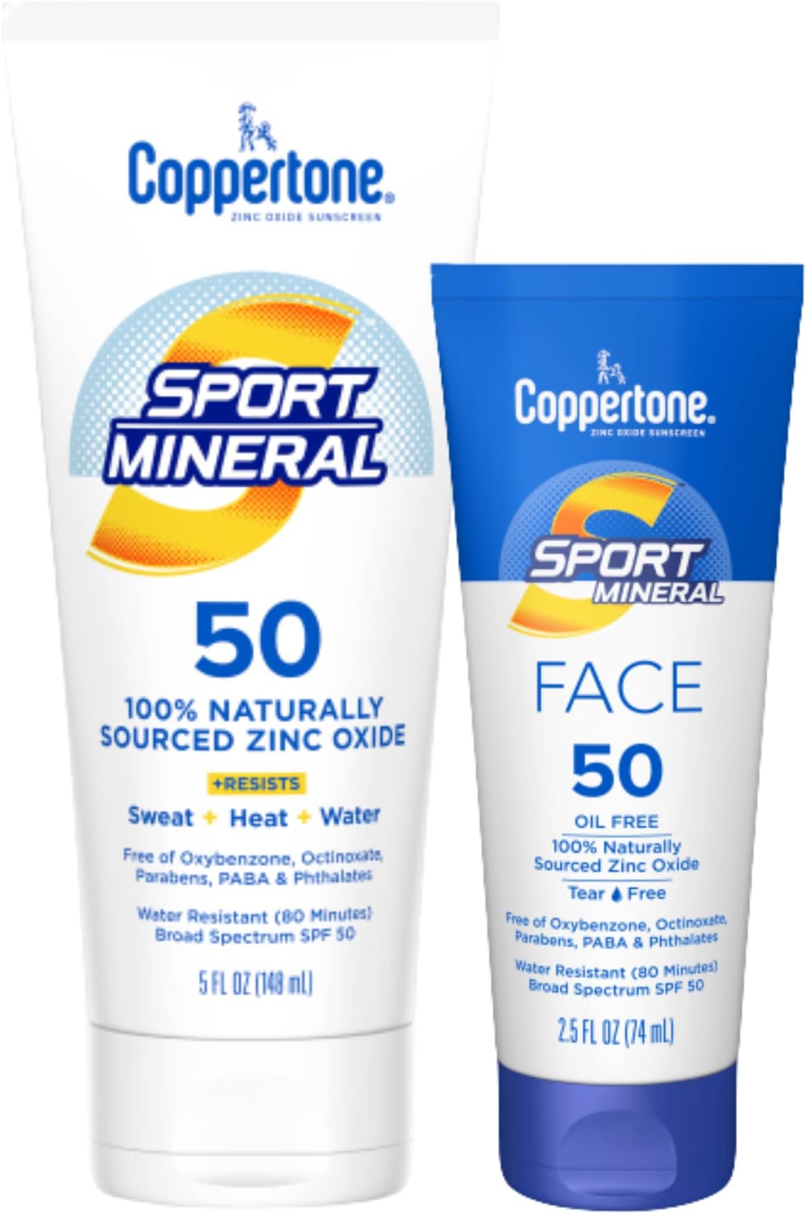 Coppertone Sport Mineral SPF 50 Zinc Oxide Mineral Sunscreen Multi Pack, Sport Mineral Body Sunscreen Lotion & Sport Mineral Face Sunscreen Lotion (5 fl. oz. + 2.5 fl. oz. Bundle)