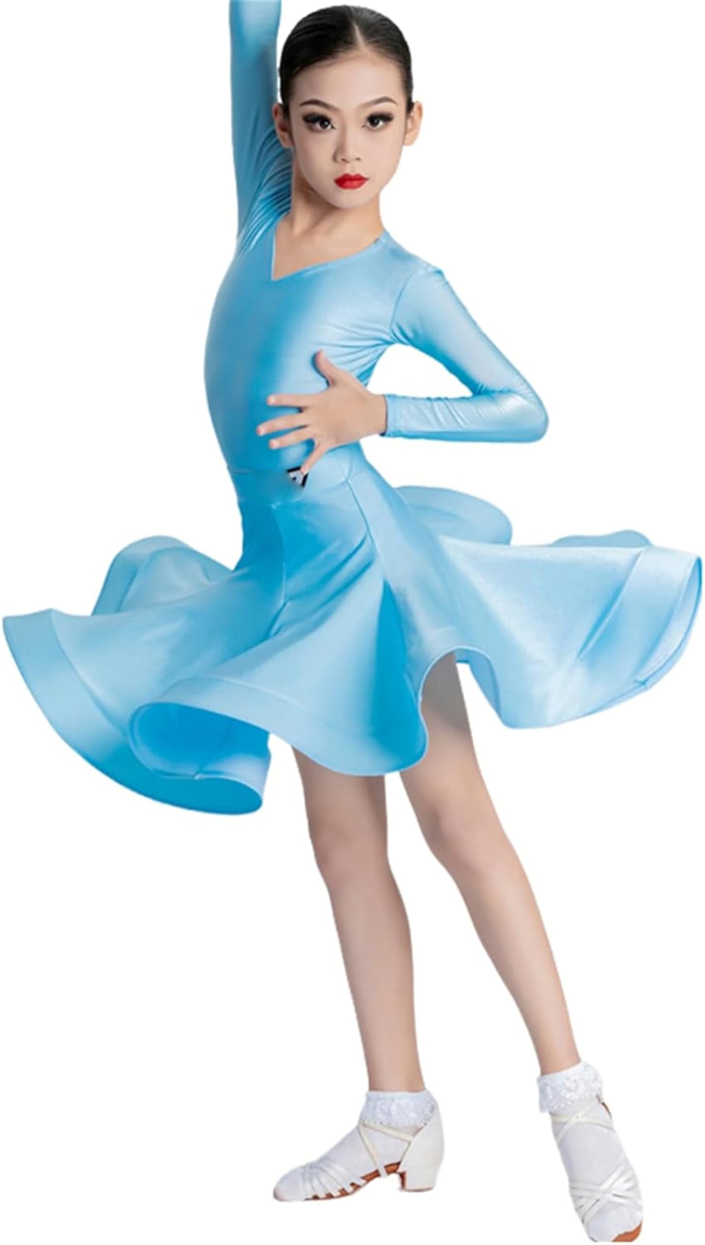 Vestido de Baile Latino de Rumba Y Samba de Manga Larga para Niñas, Disfraz de Baile de Salón, Falda de Práctica, Ropa de Baile de Competición (140 cm)