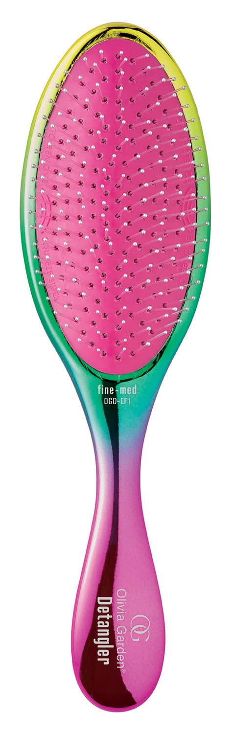 Olivia Garden Aurora OG Brush Detangler, removable cushion, scalp hugging shape massages the scalp, for wet or dry hair, for women, men and children, Fine to Medium hair, Aurora Multicolor