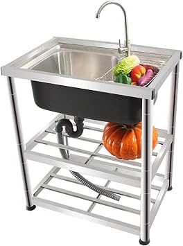 Commercial Sink, Domestic Kitchen 304 Stainless Steel Sink with Bracket, Large Space Drain Hose, Kitchen, Hotel, Restaurant, Basement, Bathroom