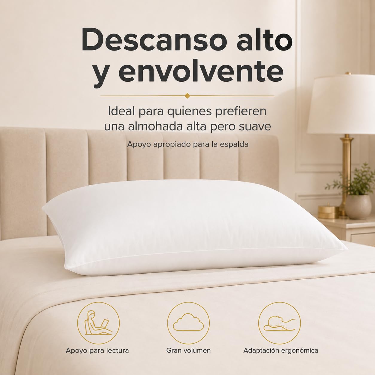 Moshy Almohada Hércules Alta de Fibra Hueca Siliconada, Tacto Suave y Gran Volumen, Doble Funda de Microfibra con Cremallera (150 cm)
