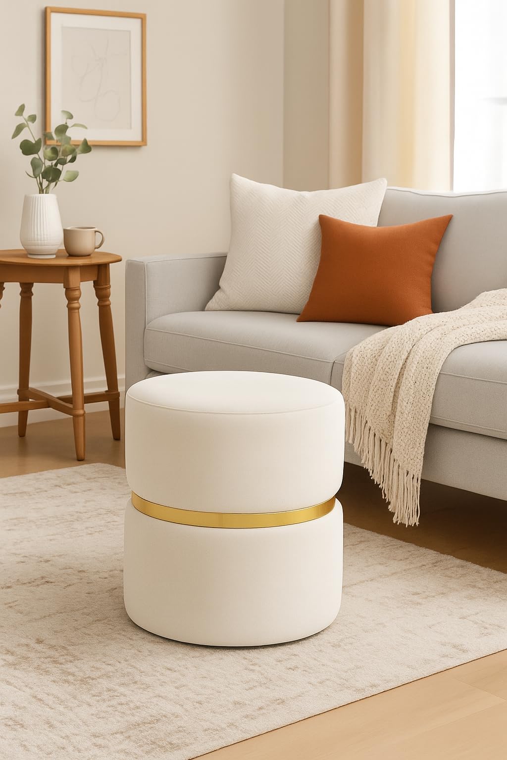 Ereteken ART Velvet Round Ottoman Foot Rest Stool Linen Fabric Padded Seat Pouf Ottoman with Round Shape for Living Room (Off White)-image-34