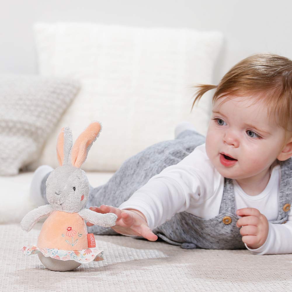 Fehn 062151 Mini Hase, Stehauffigur aus weichem Plüsch, Lernspielzeug mit Glöckchenund Stehauf Funktion zum Spielen und Geräusche erzeugen, grau