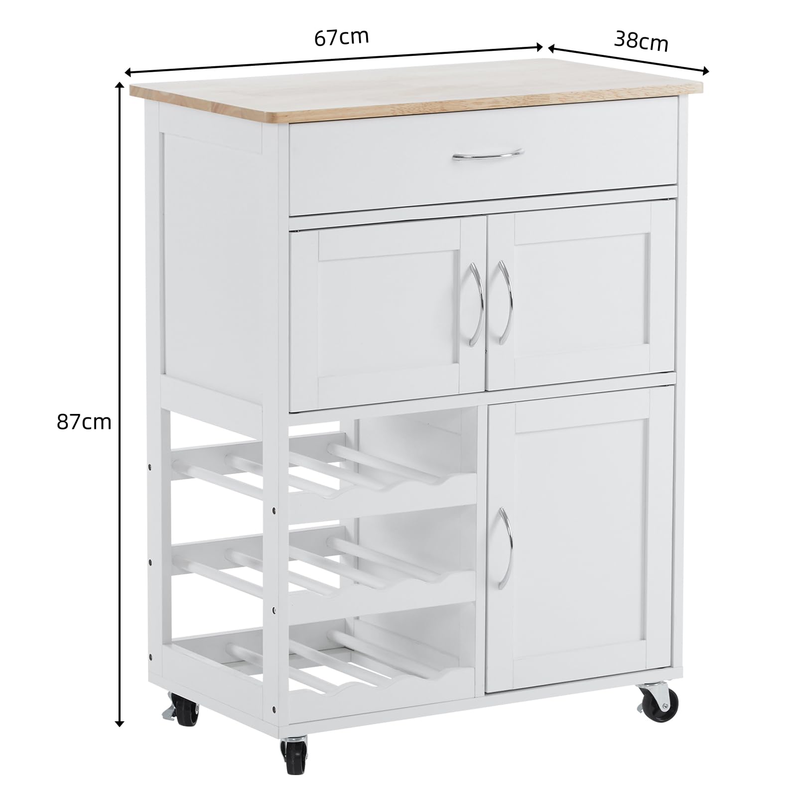 Bonnlo Carro de Cocina con Ruedas, Carrito de Cocina con Cajón, Botellero y Estantes, Mueble de Cocina con Superficie de Madera, 67 x 38 x 87 cm, Blanco