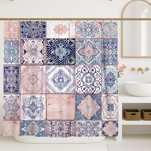 Tile Shower Curtain, Moroccan Contemporary Pattern Ornament None Navy Waterproof