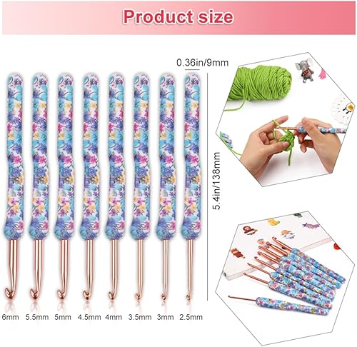 Miniatura 3 de ZORZA Juego de 8 ganchos de ganchillo, agujas de tejer, empuñaduras de goma, patrón de flores, 8 tamaños de 0.098 a 0.236 pulgadas, regalo para