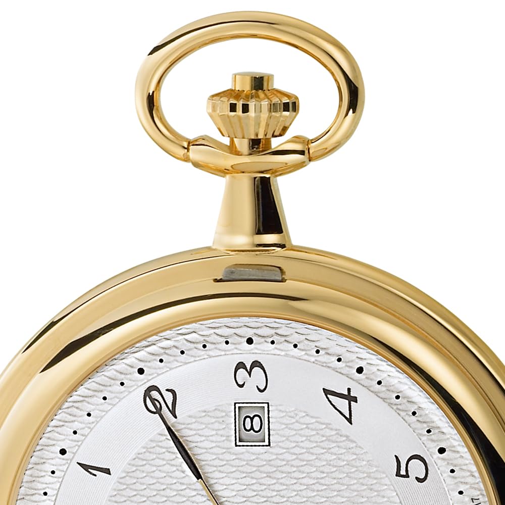 DUGENA Savonette Taschenuhr 4460302-1 – Quarzwerk – Edelstahlgehäuse – Silbernes Zifferblatt mit Guilloché – Datum & kleine Sekunde – Inklusive Kette