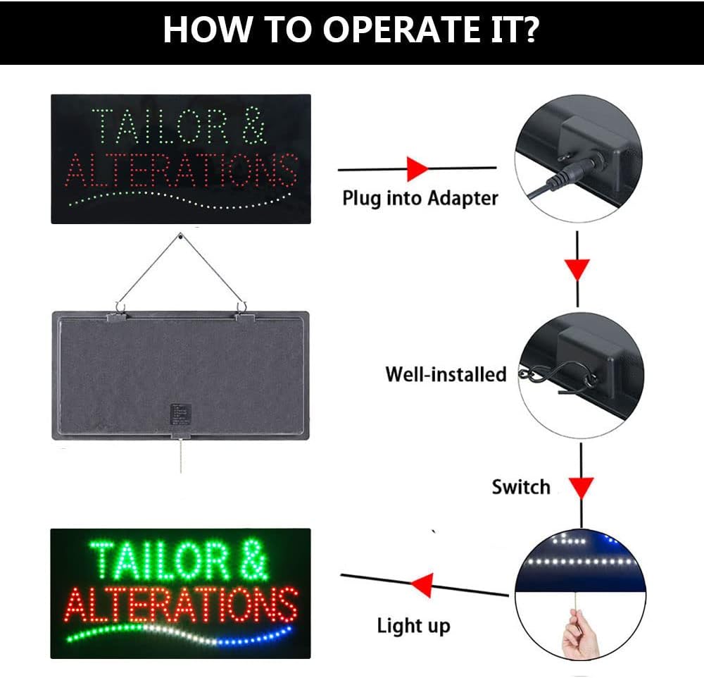 LED Tailor and Alterations Sign for Business, Super Bright LED Open Sign for Tailor, Electric Advertising Display Signboard for Cloth Alteration Service Business Shop Store Window Home Decor.