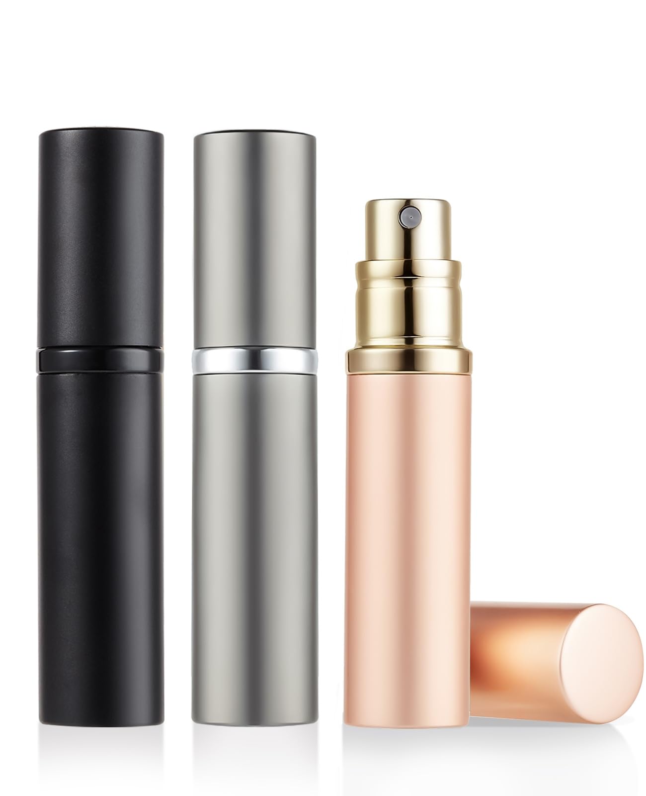 ASADAYS Tragbarer Parfümzerstäuber, nachfüllbar, leere Reise-Sprühflasche, Nano-Nebel, Bodenfüllung, Mini-Zerstäuber, Taschengröße, Damen und Herren (Schwarz & Grau & Roségold)