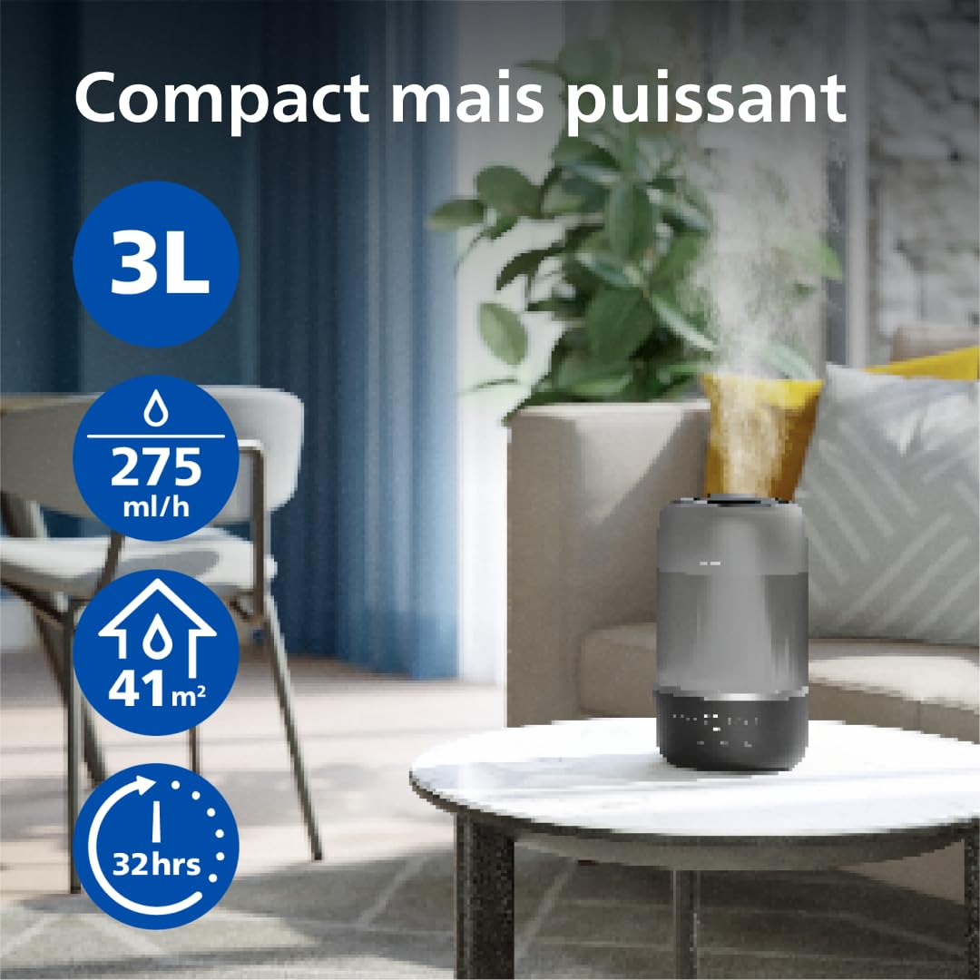 Philips Humidificateur d'air Série 1000 - jusqu’à 41 m², débit de 275 ml/h, taux d'humidité optimal, jusqu'à 32 heures d'autonomie, silencieux 34 dB(A), mode sommeil et veilleuse, Noir (HU1510/03)