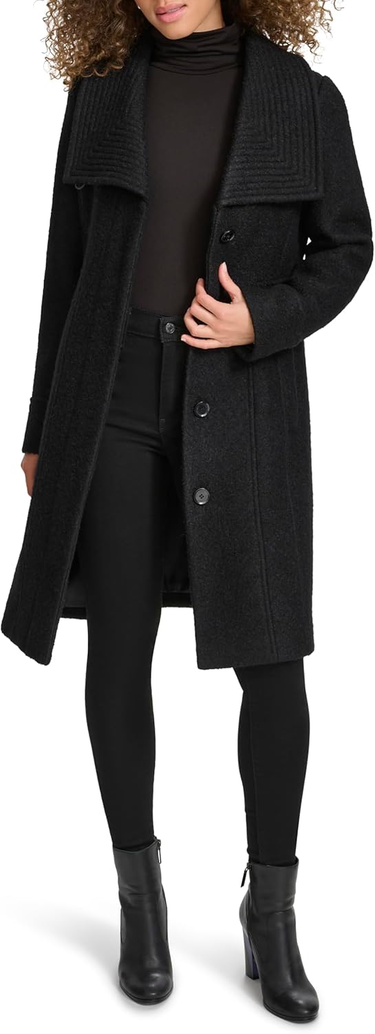 Kenneth Cole womens Pressed Boucle Wool Coat With Oversized Wing Collar