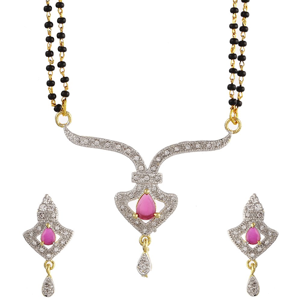 ZENEME Mangalsutra Gold Plated Pink American Diamond Studded Gold Plated Tanmaniya Nallapusalu With Earrings Black Bead Chain Jewellery For Women (B01J7HBDPM) Amazon Price History, Amazon Price Tracker