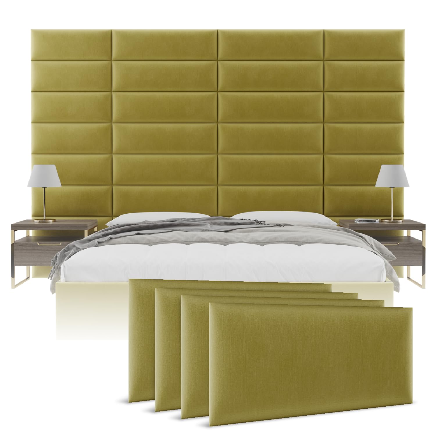 Vänt Upholstered Wall Panels - King/Cal King Size Wall Mounted Velvet Headboards - Velvet Olive Moss - Twin/King - Set of 4 Panels (Each Individual