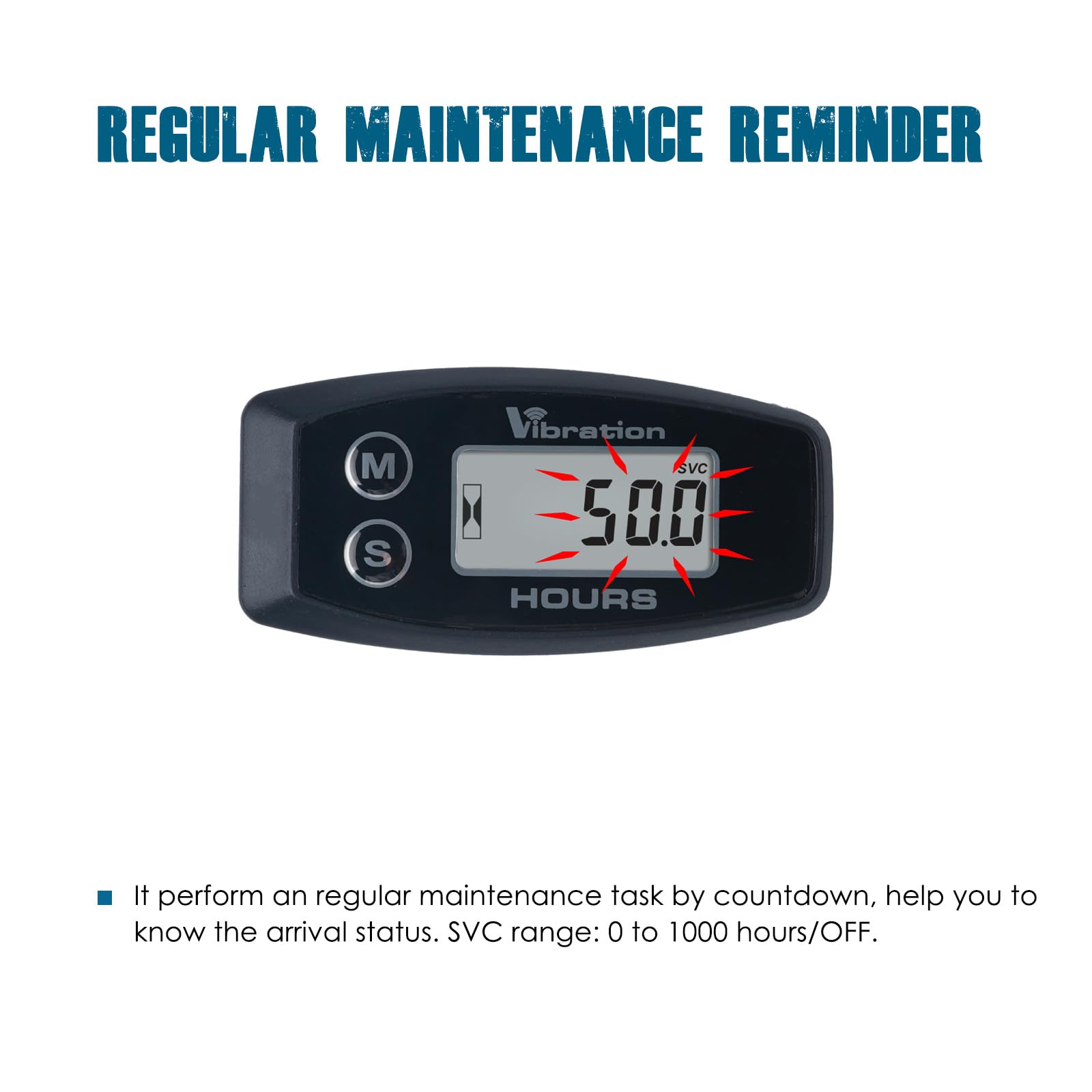 Runleader RL-HM015V Contatore Ore a Vibrazione Cordless, Contatore Digitale Sensibilità Regolabile con Promemoria Manutenzione, IP67 Impermeabile per Tosaerba, Generatore, Moto
