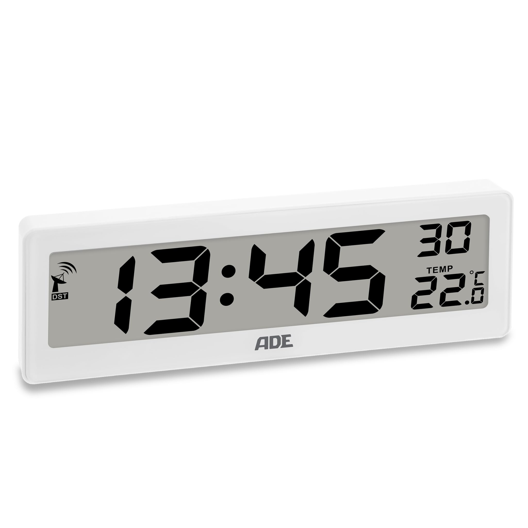 ADE Reloj Digital radiocontrolado con indicador de Temperatura | dígitos Muy Grandes | Pantalla de fácil Lectura | Blanco