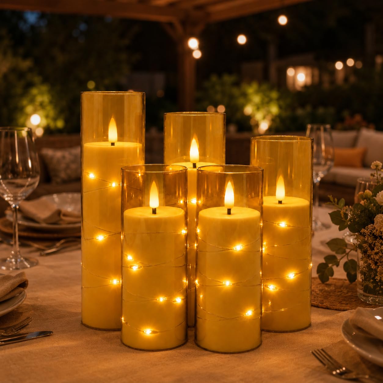 Da by 5 Candele LED Champagne con Luci Fatate Avvolgenti, Copertura Vetro Trasparente, Fiamma Tremolante Realistica, Resistenti al Caldo, 1 Telecomando per Decorazioni Interno ed Esterno