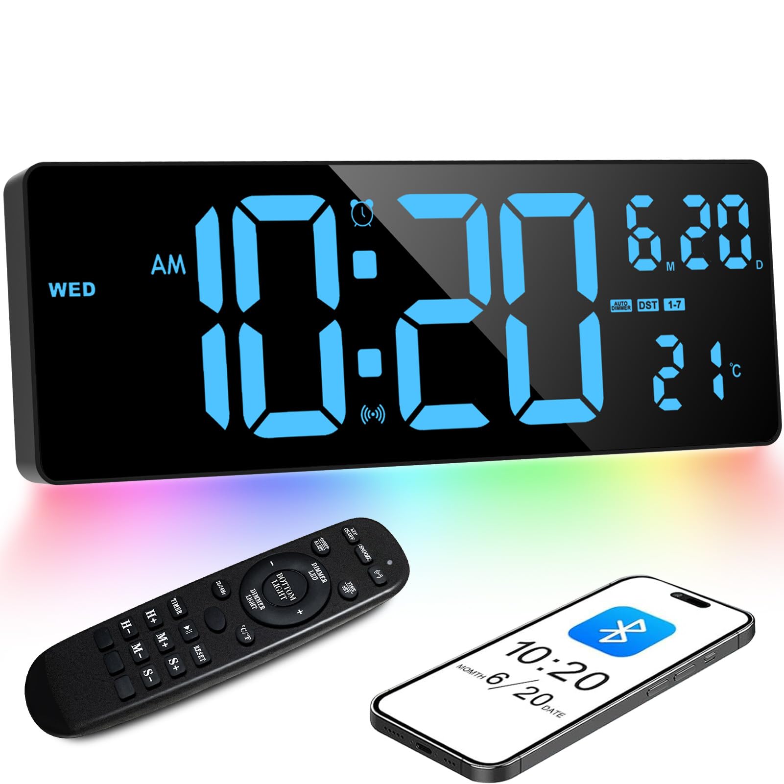 XREXS 16,5" Reloj Digital para Pared Bluetooth, Pantalla Azul y Luz Ambiental Multicolor - Muestra Hora/Temp/Calendario/Cronómetro/Alarma - Ideal para Sala/Cocina/Oficina