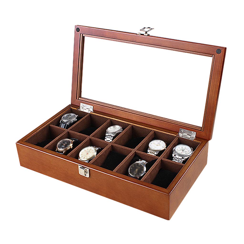 MUSUMI Cajas de almacenamiento para relojes, organizador de joyas de lujo, caja de exhibición de relojes de Madera, almacenamiento con 12 almohadas extraíbles para relojes y tapa de vidrio (Marrón)