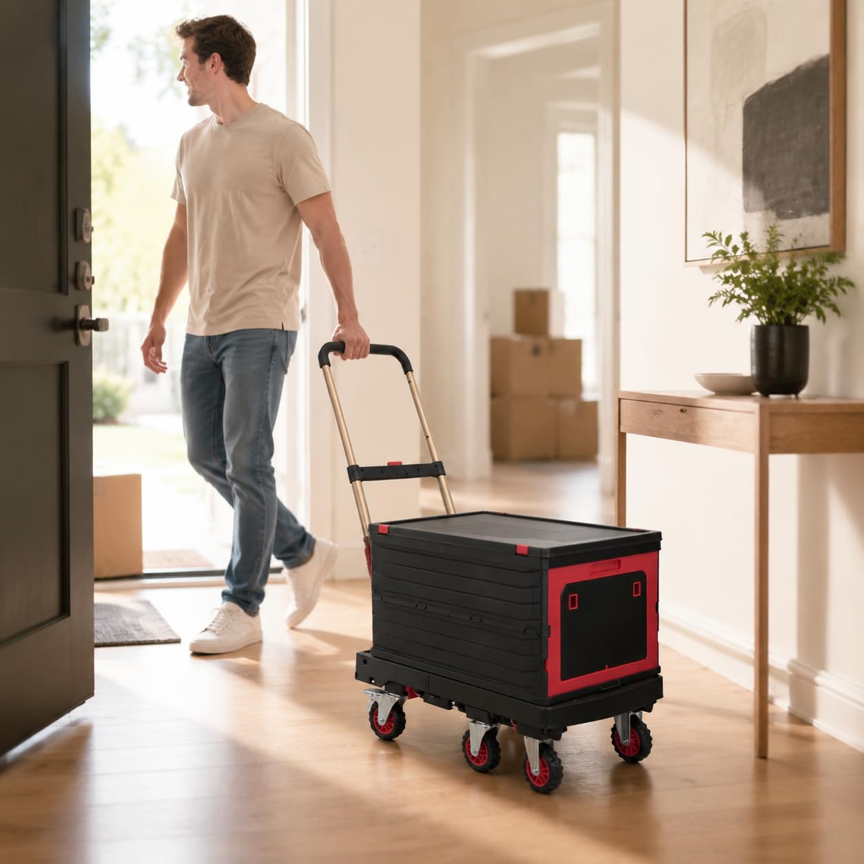 Klappbar Transportwagen & Plattformwagen mit Bremse – Faltbare Sackkarre & Einkaufstrolley für Umzug, Lag, Einkauf, Klappbarer Plattformwagen mit Bremse BY09-BT und Aufbewahrungsbox