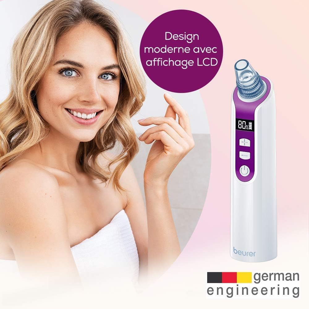 Beurer FC 41 Appareil anti points noirs, éliminateur électrique de points noirs pour un nettoyage des pores profond, 5 niveaux d'intensité et 3 têtes, convient à tous les types de peau