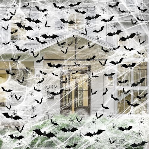 Famoby 1200 sqft Halloween Spider Webs and 120pcs Fake Bats