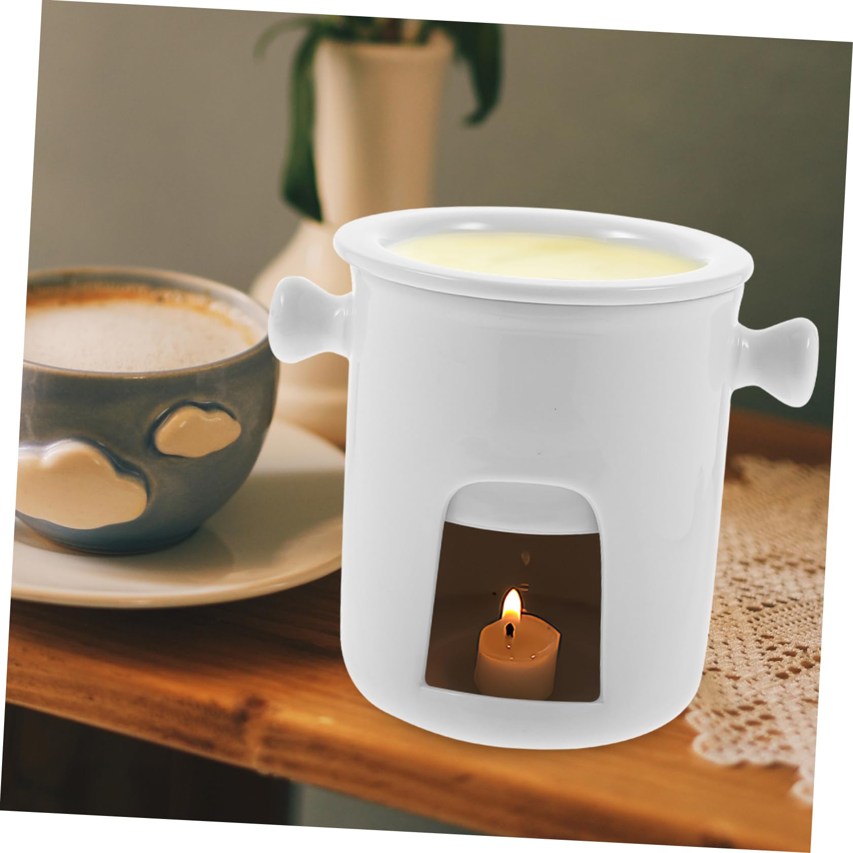 AUTSUPPL Chocolate Fondue Ceramic Melting Pot Lightweight Tealight Burner for Home Parties Decorative Design for Cheese Butter Chocolate Easy to Carry Scratch-resistant