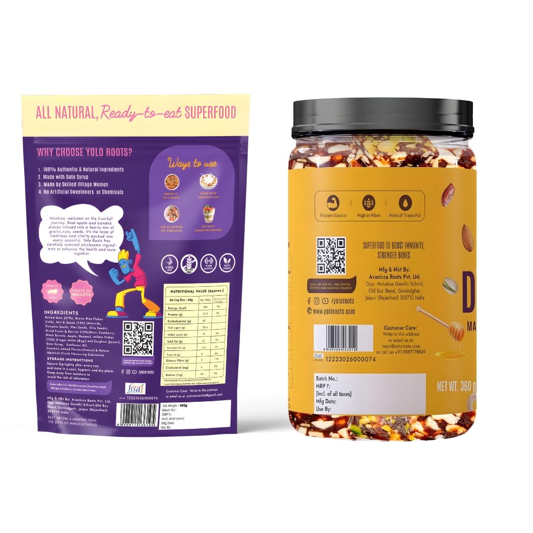 Yolo Roots Fruits & Nuts Muesli 400g & Date & Nut Bites 360g Combo, No Added Sugar, High Fiber Breakfast Cereal & Healthy Dry Fruit Sweet (Pack of 2) 1