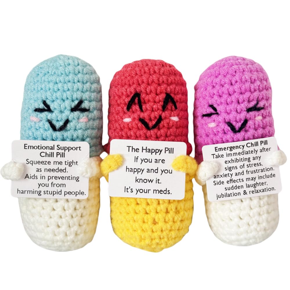 HivFov 3PCS Adorable Crochet Chill Pill,Emotional Support Pills,Emergency Pills,Crochet Stuffed Pill,Stress Relief,Caring Gifts,Get well soon,Office