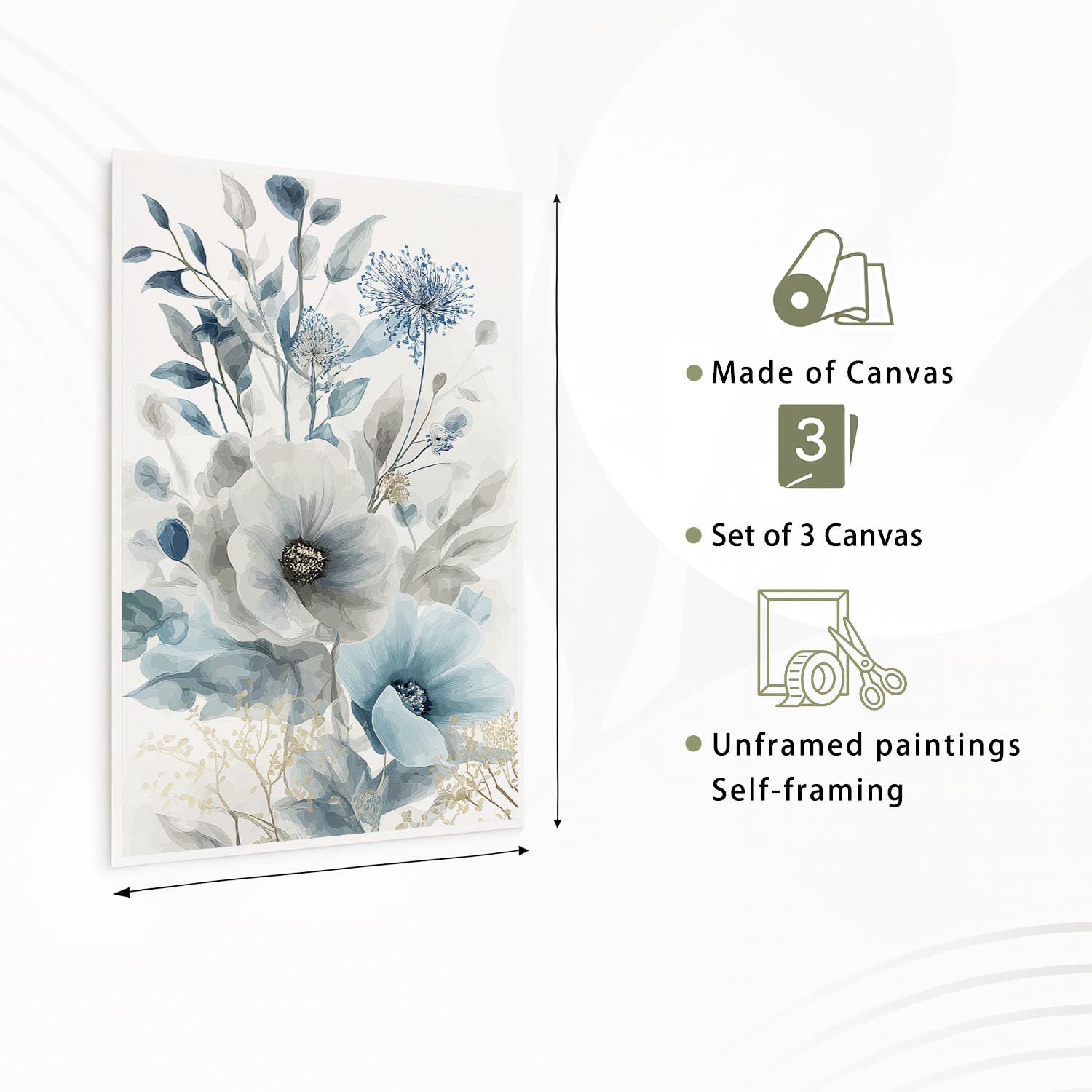3 piezas de arte de pared floral suave para sala de estar o dormitorio, acuarela botánica, suave, acogedor, lienzo, cuadros para cocina, pasillo, escaleras, decoración, sin marco, 50 x 70 cm