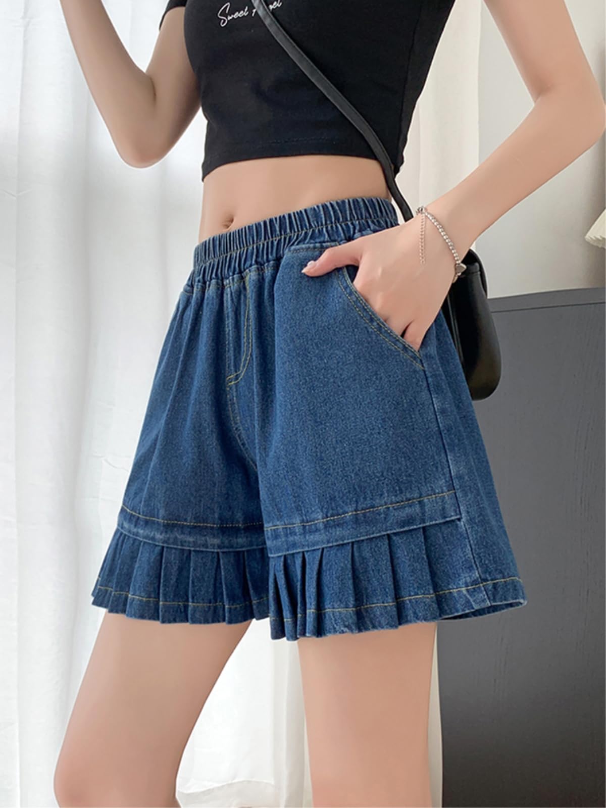 Shorts Jeans Donna Loose Plus Size Women's Denim Gonne Estate Elastic Waist Wide Leg Cotone Piezzato-Deep Blue-2xl