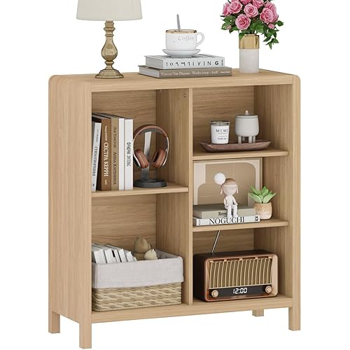 FATORRI 5 Cube Bookshelf, Wood Bookcase with 3 Adjustable Shelves, Modern Cube Storage Organizer Shelf for Home Office (Light Walnut)