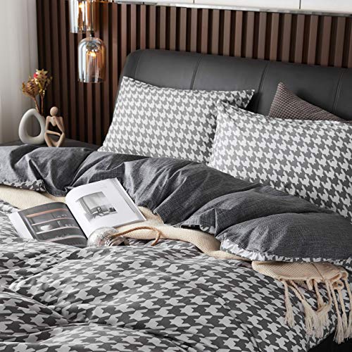Fadfay Grey Grid Duvet Cover Set 100% Cotton Super Soft Plaid Bedding Reversible Gingham Geometric Checker Bedding Set With Zipper Closure 3Pcs, 1Duvet Cover + 2Pillowcases, King/California King Size #TOP3