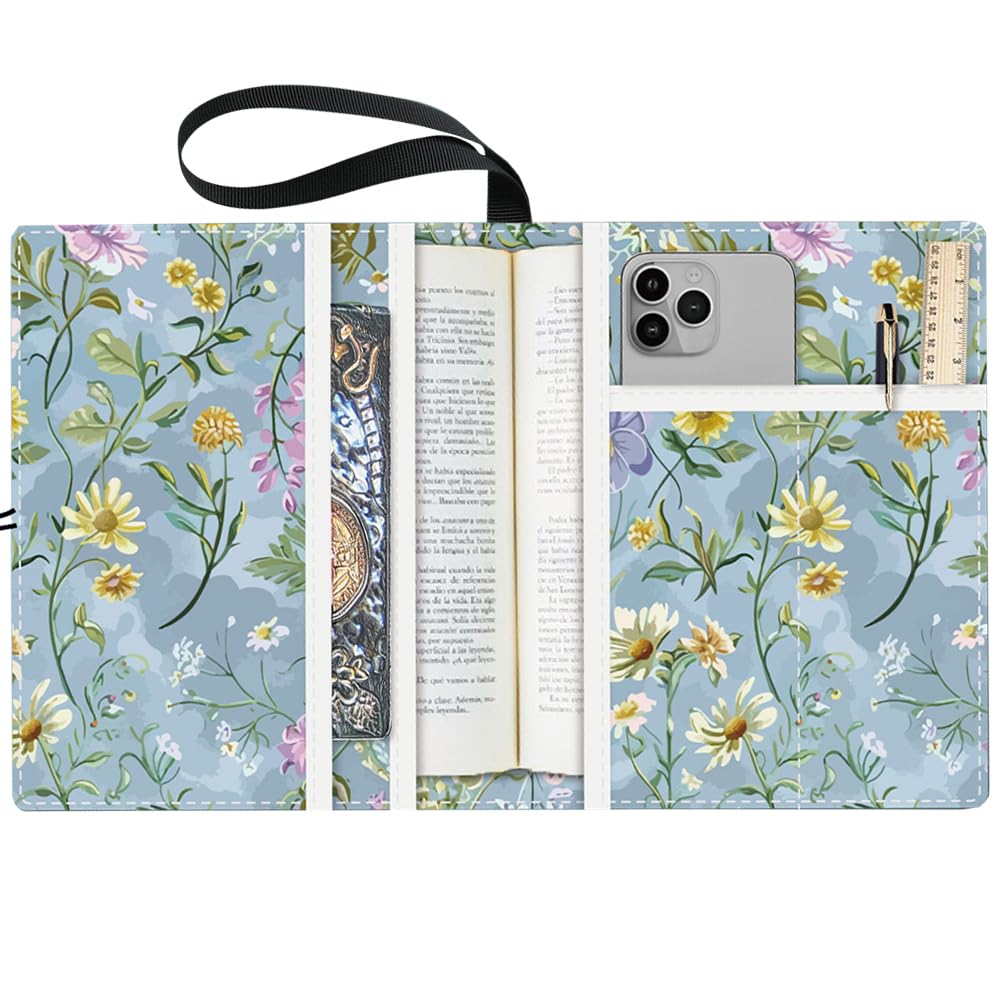 CRASPIRE Flower Book Covers Plant Book Protector Greyish Blue Multilayer Book Sleeve for Paperbacks Washable Fabric Cloth Book Cover with Extra Sleeve Pocket for Book Lovers Classmate Gifts