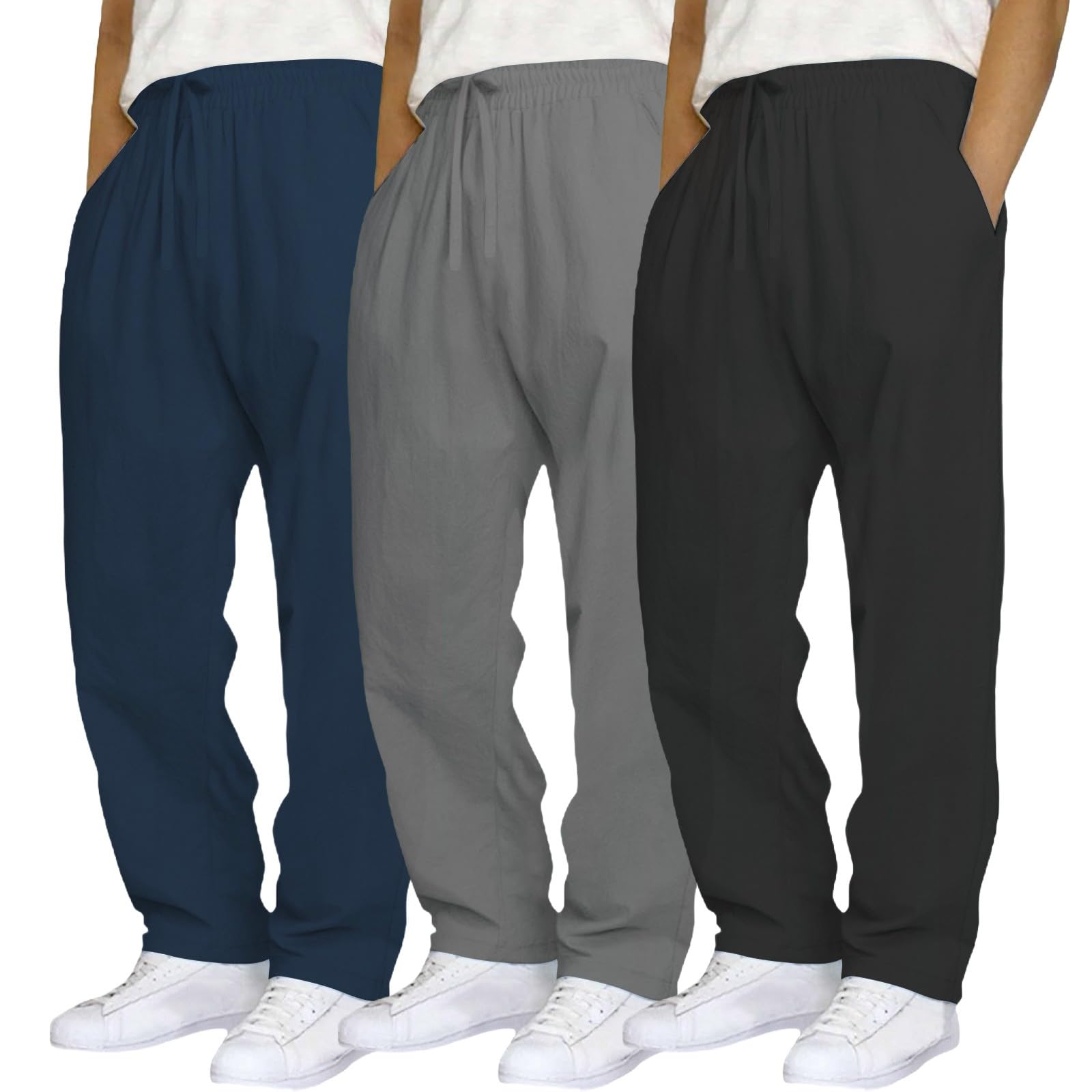 Generisch Pack de 3 pantalones de chándal largos para hombre, holgados, transpirables, de un solo color, pantalones deportivos elegantes, pantalones de chándal prácticos, pantalones ligeros para