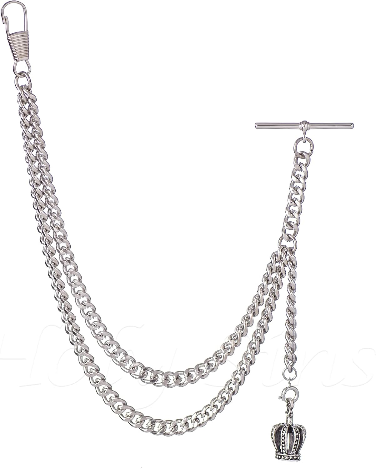 Handmade in The UK Silver Colour Albert Pocket Watch Chain with Crown Pendant