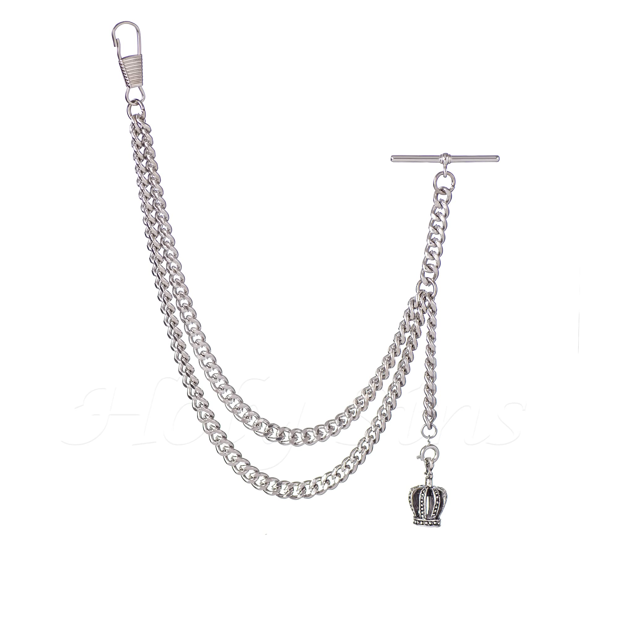 Handmade in the UK Silver Colour Albert Pocket Watch Chain With Crown Pendant (14