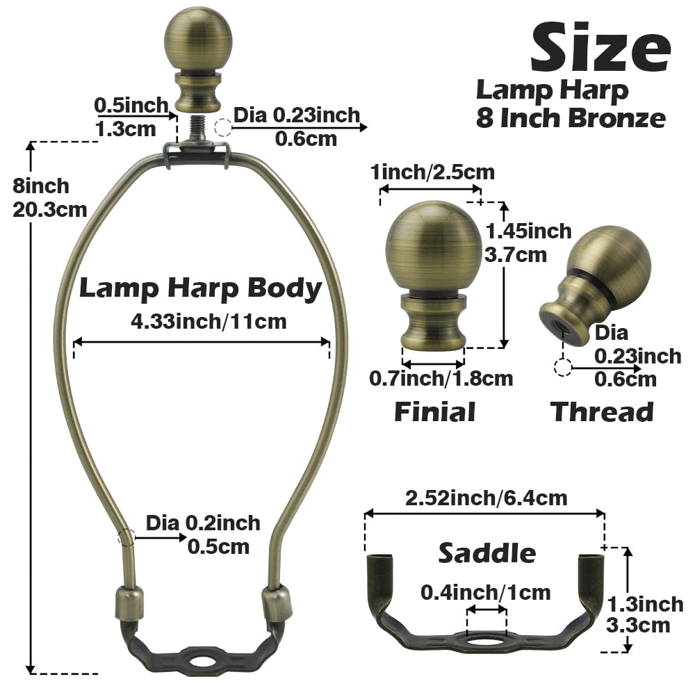 Asjeumt 8 Inch Lamp Harp, Bronze 2 Set Lamp Harps and Finial, Metal Lamp Shade Harp Holder, DIY Detachable Lampshade Bracket Adapter Hardware, Replacement Table & Floor Light Accessories Repair
