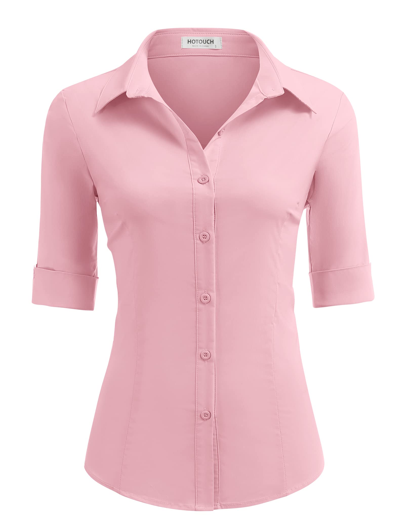 HOTOUCH Women's Basic Button Down Shirts 3/4 Sleeve Stretch Button Up Dress Shirt Slim Fit Waitress Work Shirts