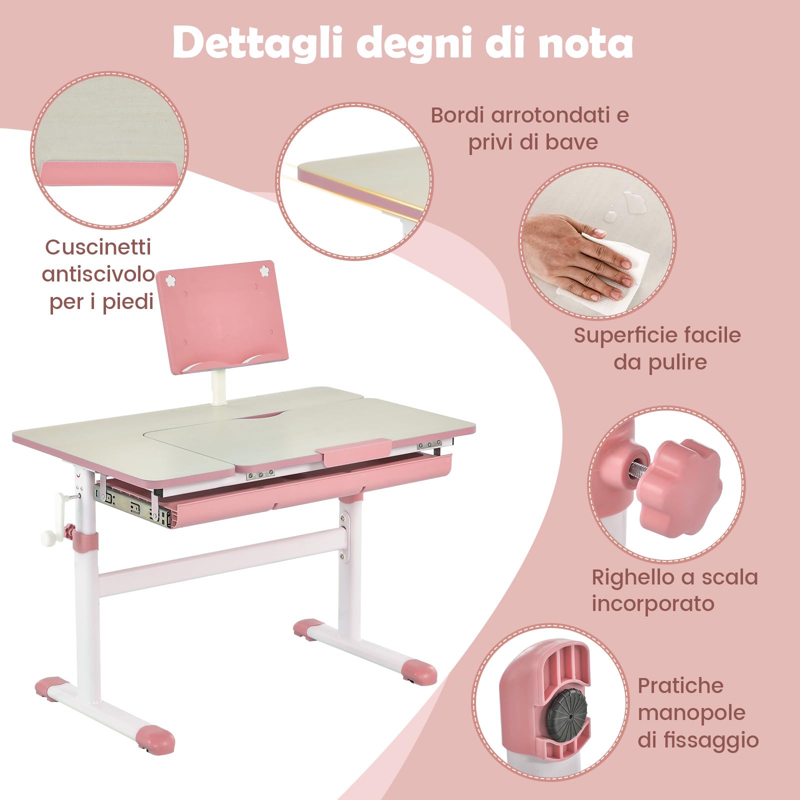 COSTWAY Tavolo di Studio per Bambini 3-12 Anni, Tavolino Regolabile in Altezza con Piano Inclinabile, Libreria e Cassetta di Archiviazione, Ideale per Disegno (Pink)