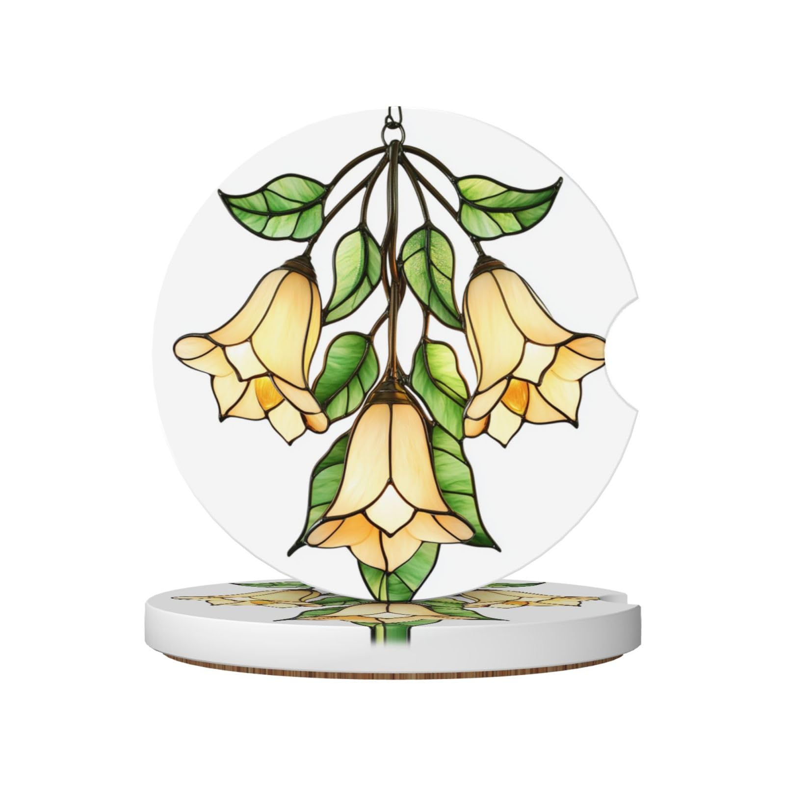 Bell-Shaped Flowers and Green Leaves Ceramic Coasters,2pcs