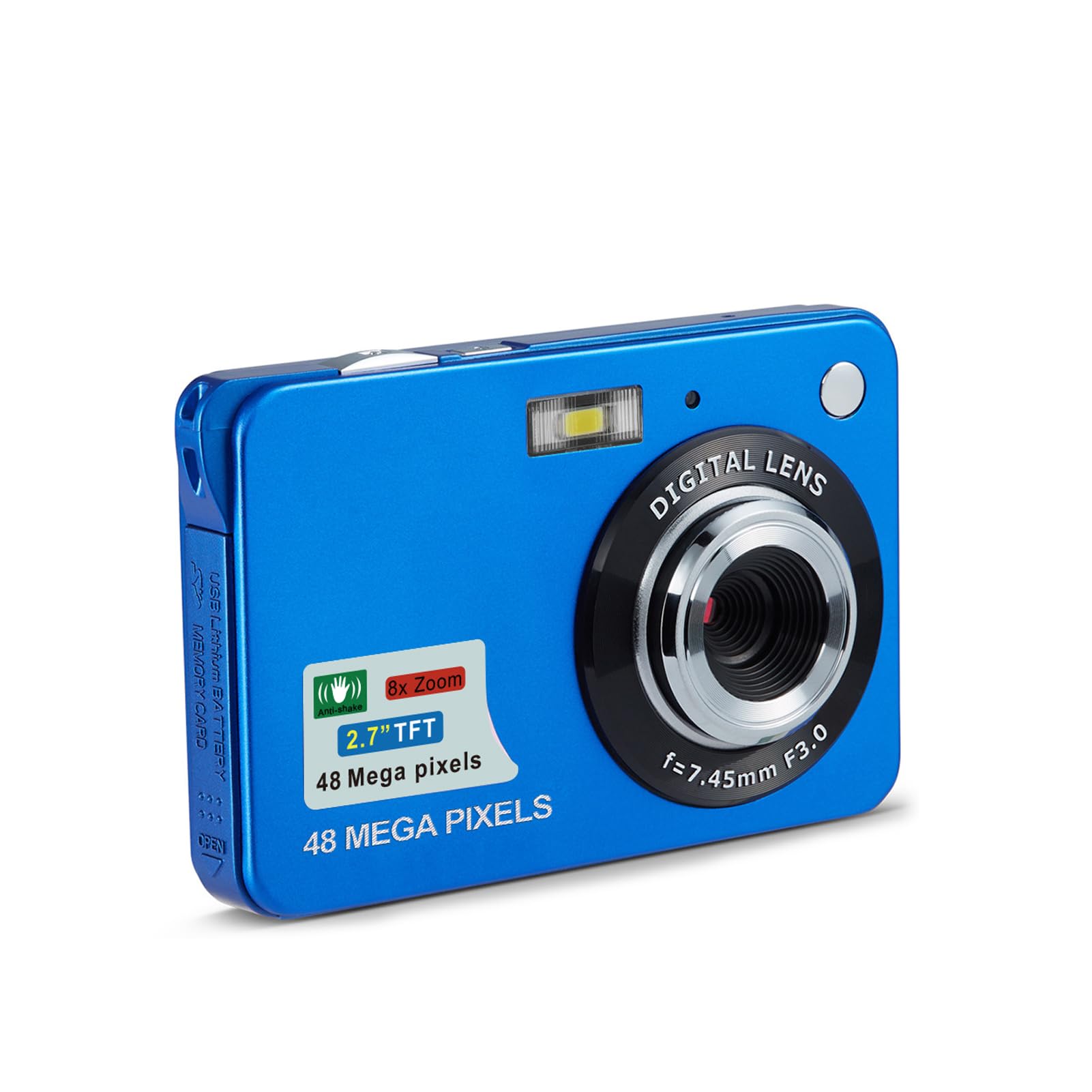Cámara Digital 4K, 1080P FHD 44MP con Pantalla LCD de 2,7", Zoom de 8X Cámara Compacta, Cámara Portátil Antivibración con Cordón y Bolsa para Niños, Estudiantes y Principiantes (Azul)
